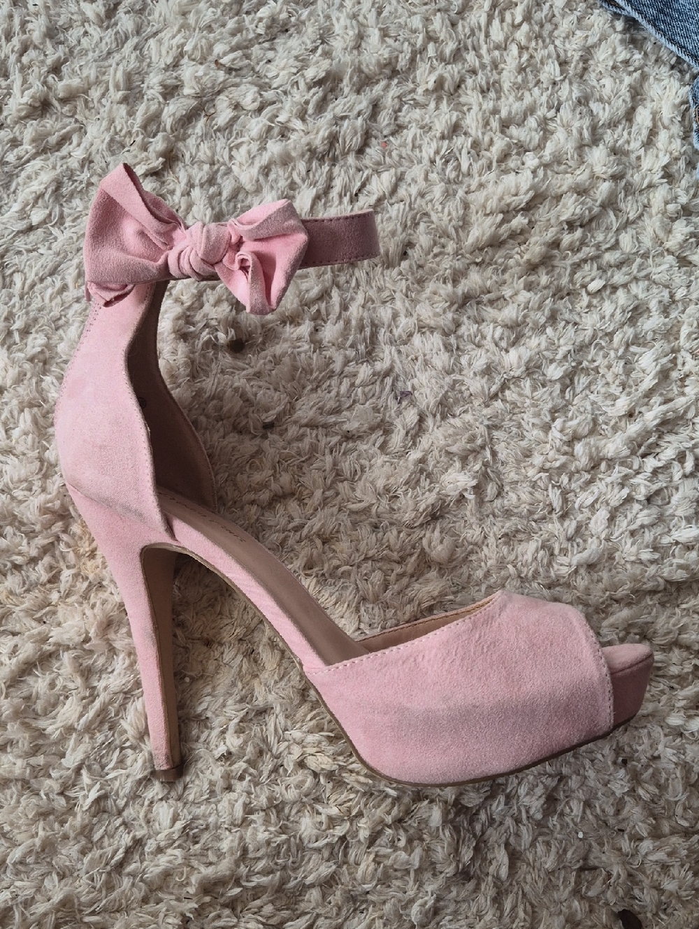 Dream Pairs Pink Suede Peep Toe Ankle Bow High Heels - Picture 2 of 5